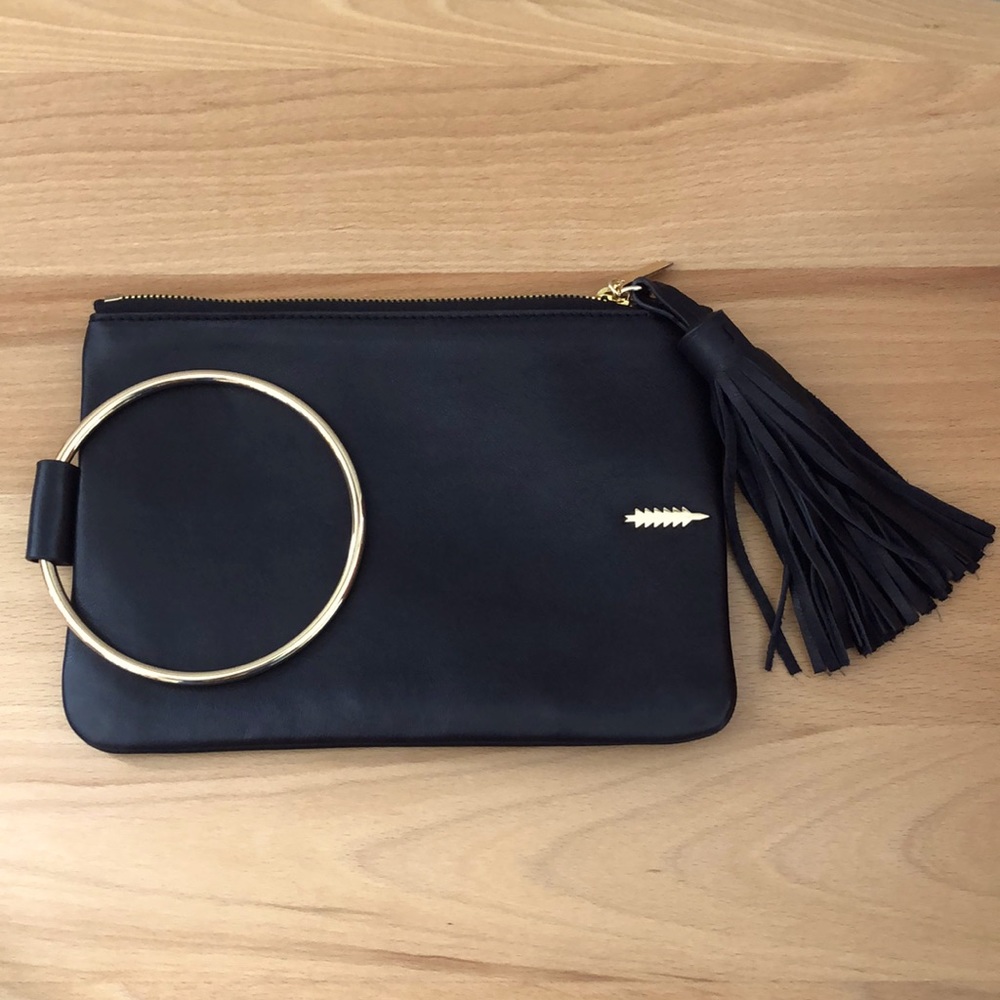 Thacker Black Leather and Gold Tassel Wristlet